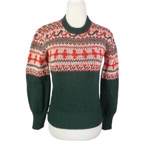 Vintage 70s Pilgrim Dark Green and Red Fair Isle Nordic Wool Sweater S